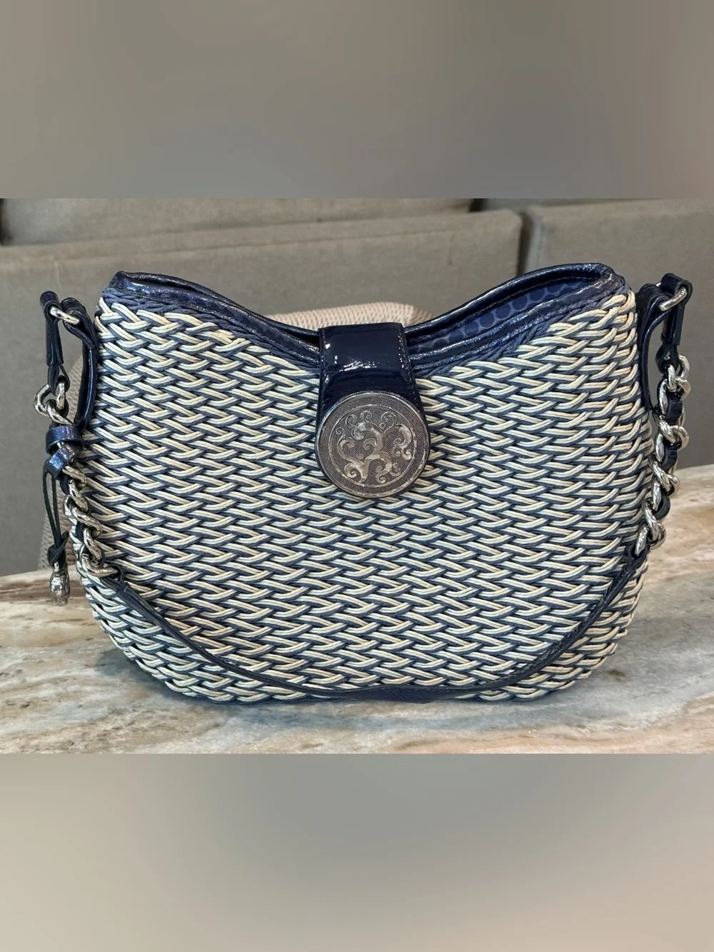 Vintage BRIGHTON Jani navy and cream woven summer charm shoulder handbag